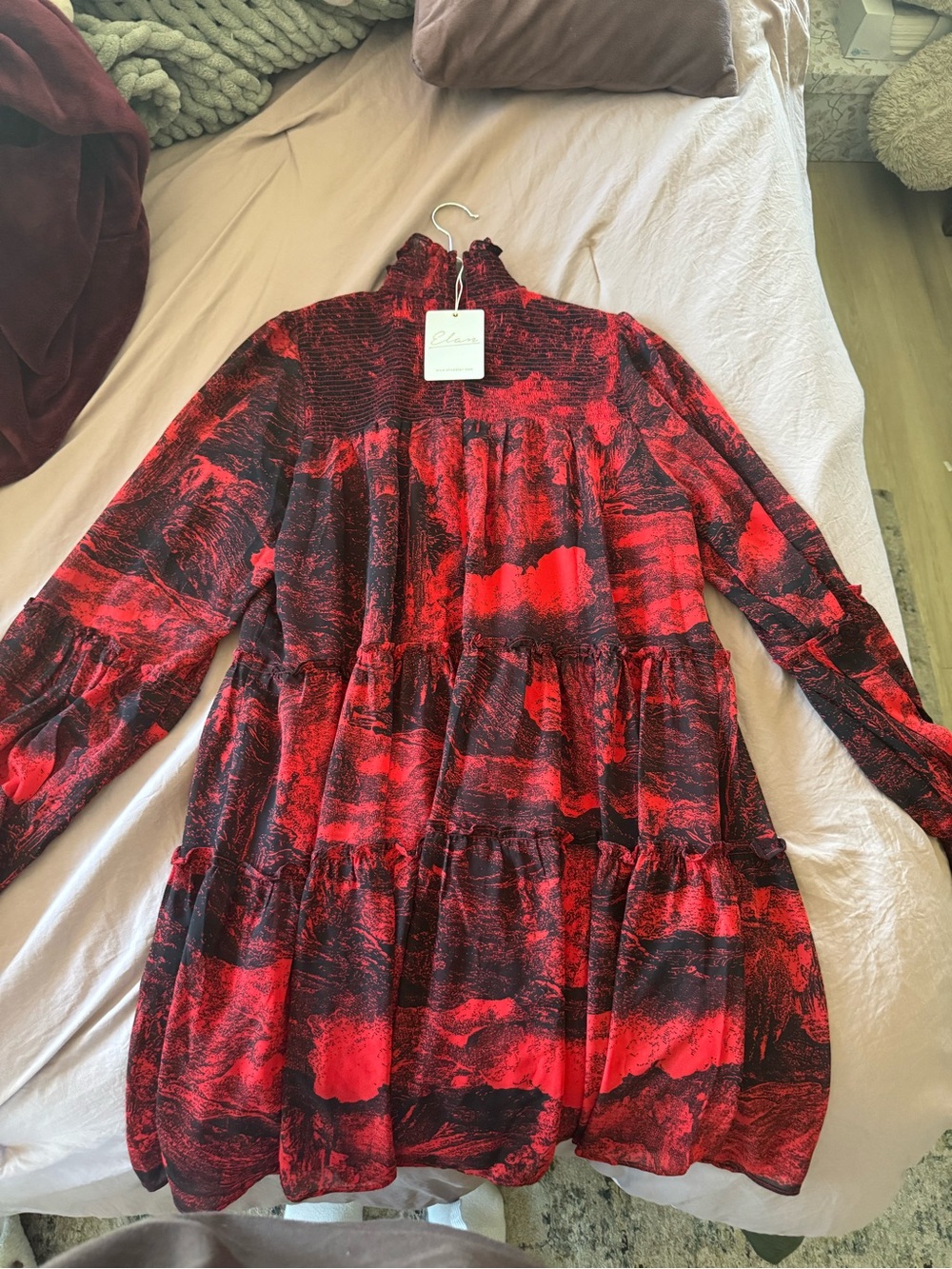 Elan Red and Black Tiered Midi Dress